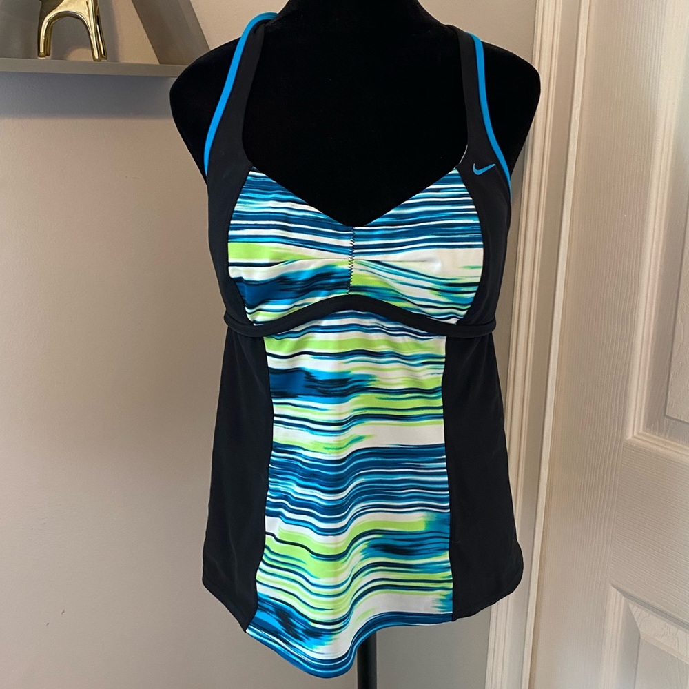 NIKE Ladies Bathing Suit Top, Size 14, EUC, Black Blue, Green w/lots of stretch